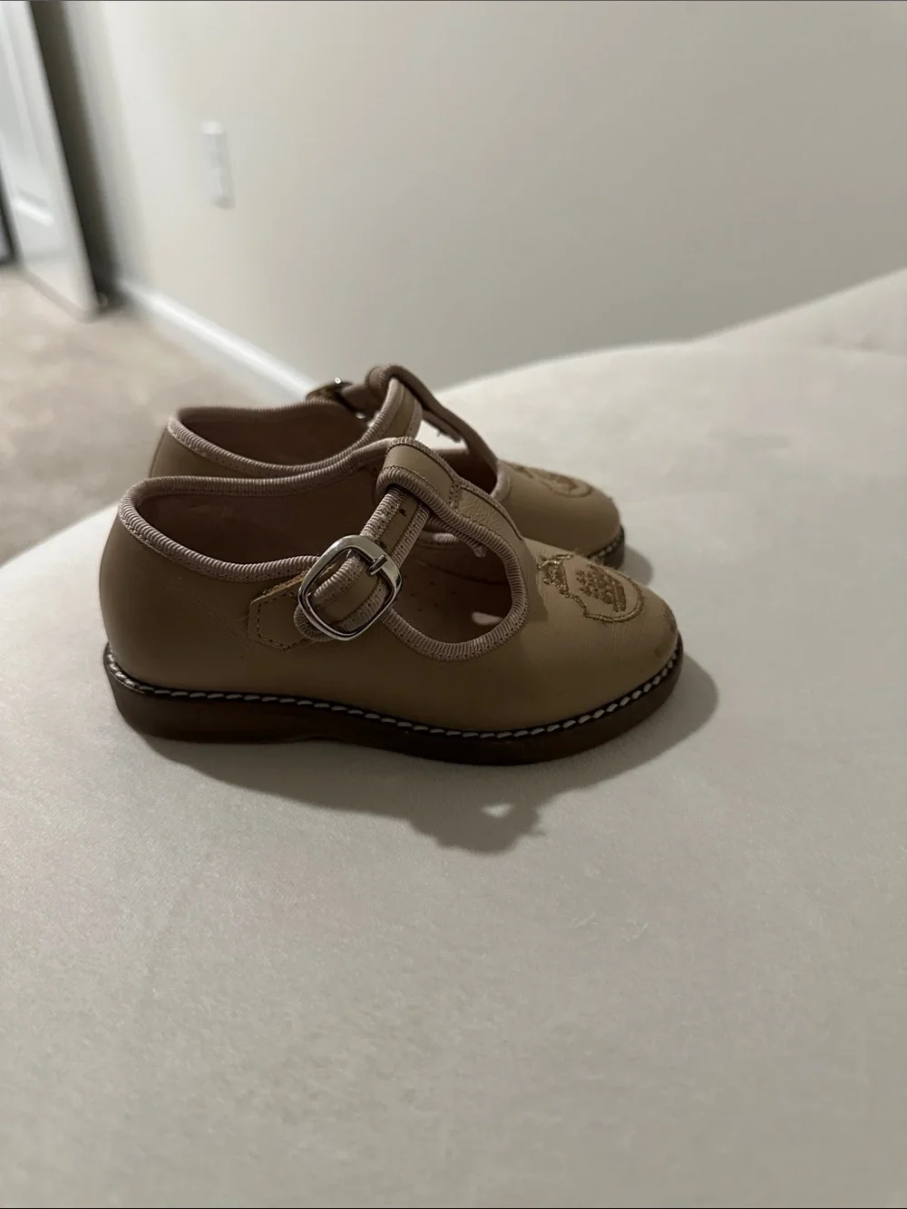 Kids Tan T-Strap Mary Jane Dress Shoes